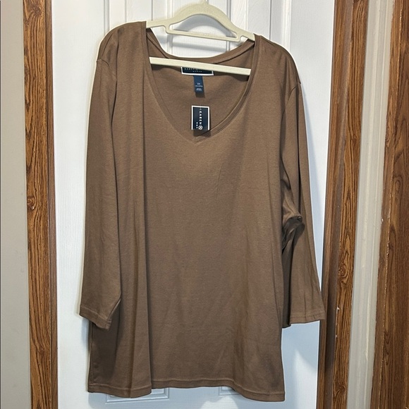 Karen Scott Tops - Karen Scott Brown Cotton 3/4 Sleeve Relaxed Blouse 3X NWT